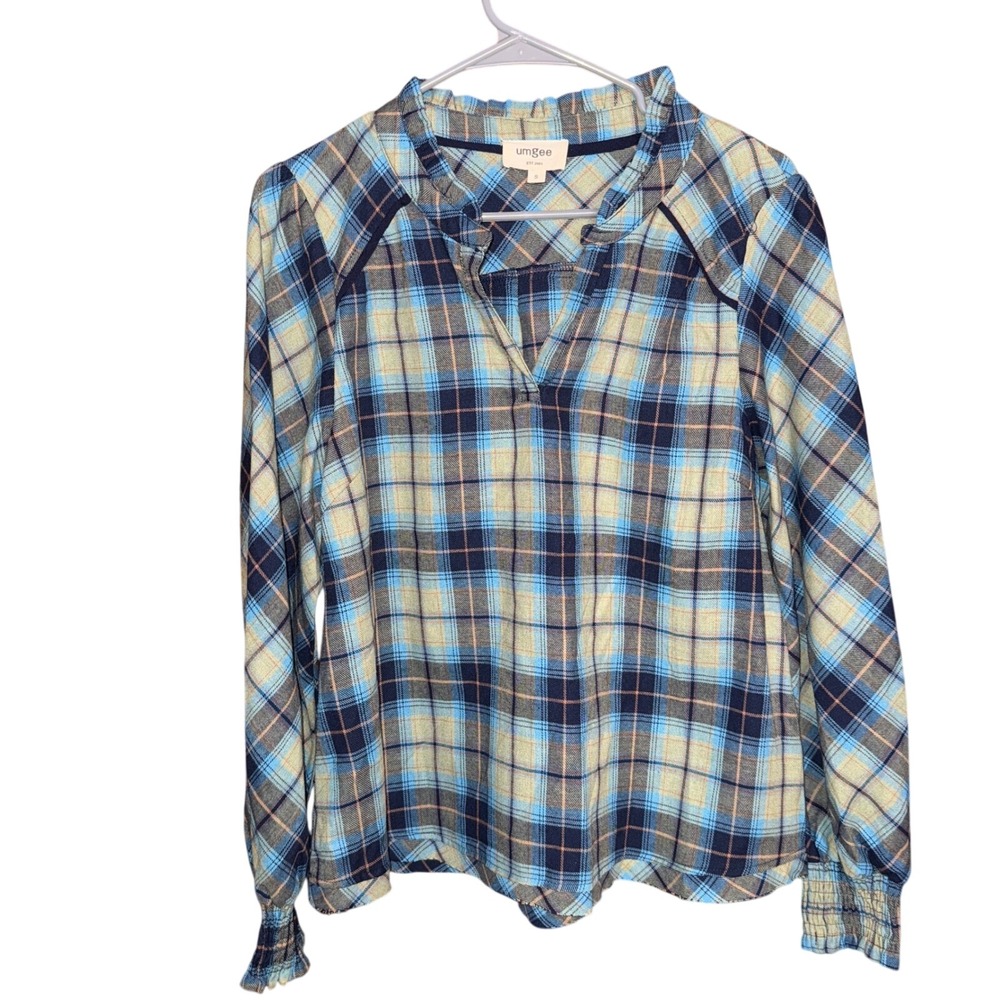 Umgee Plaid Ruffle Neck Long Sleeve Blouse Top‎ Womens Size Small Blue Tan